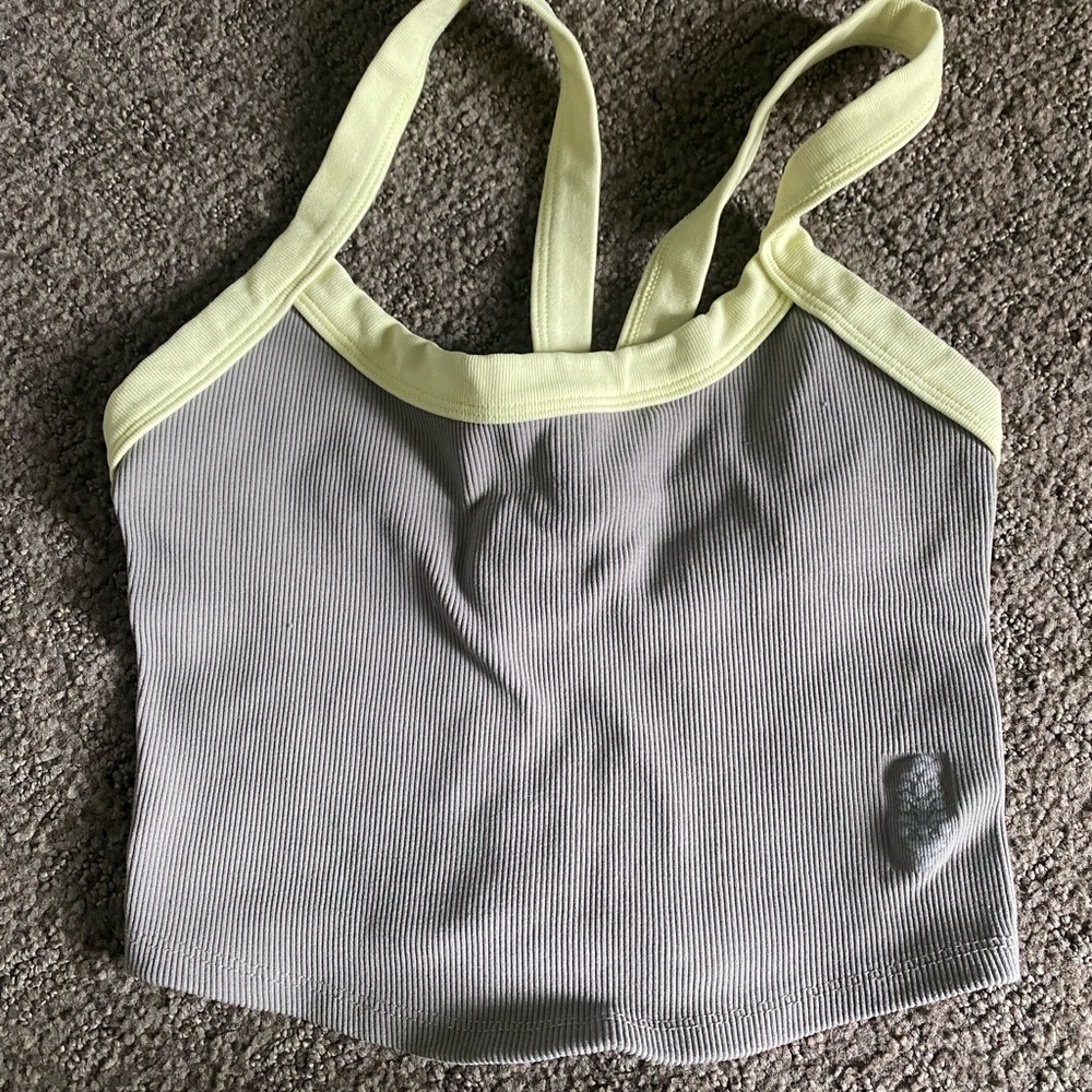 Free People Gray Ribbed Crop Tank with Pale Yellow Trim